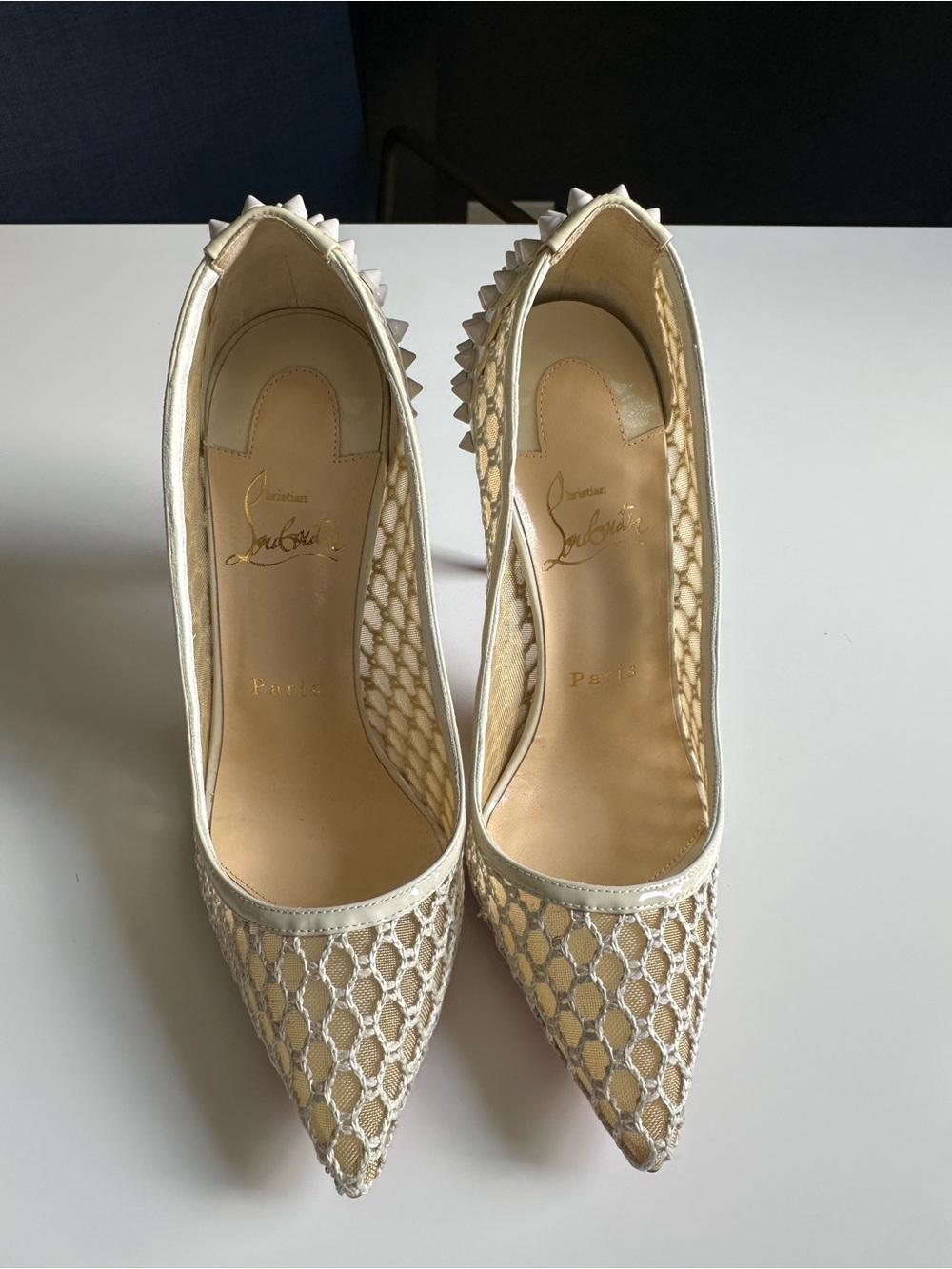 Christian Louboutin Cream Mesh Pointed Toe Pumps with Spike Trim